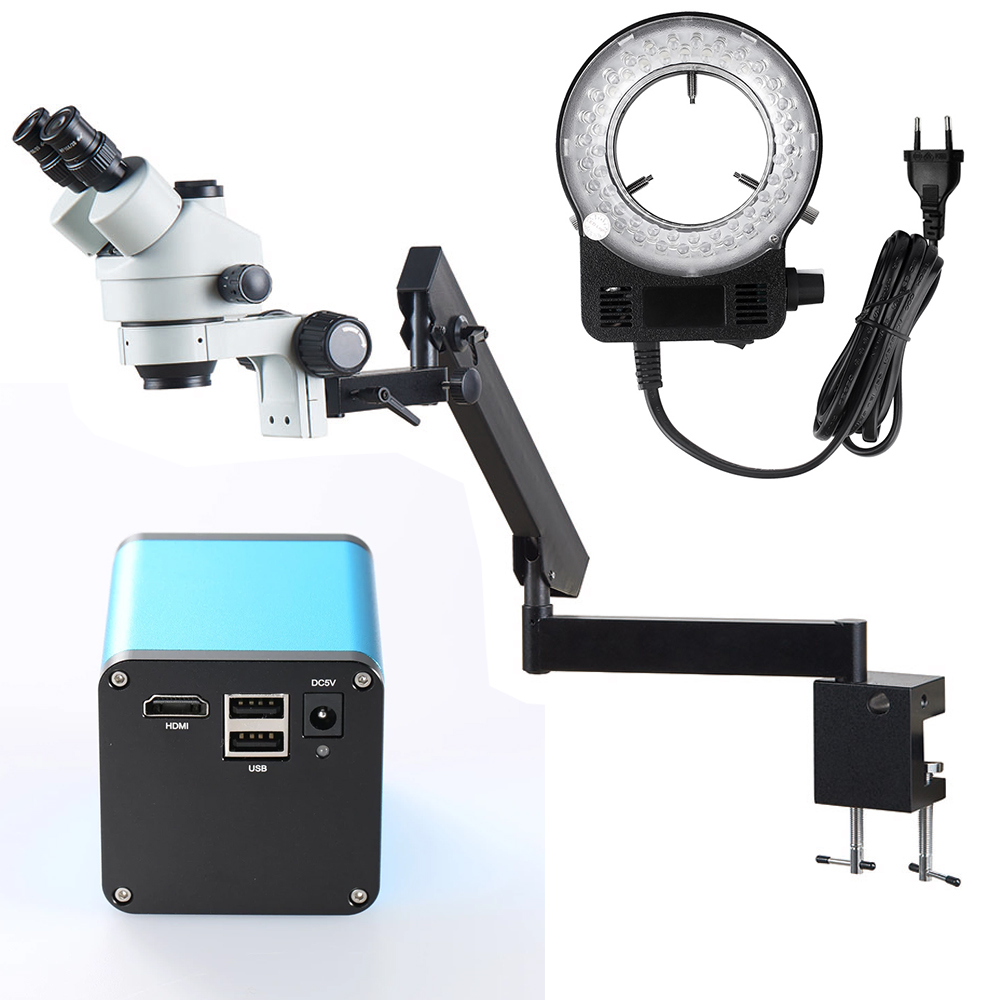 Trinocular Stereo Microscope 7X-45X - Adjustable Articulated Arm Folding Joint Clamp